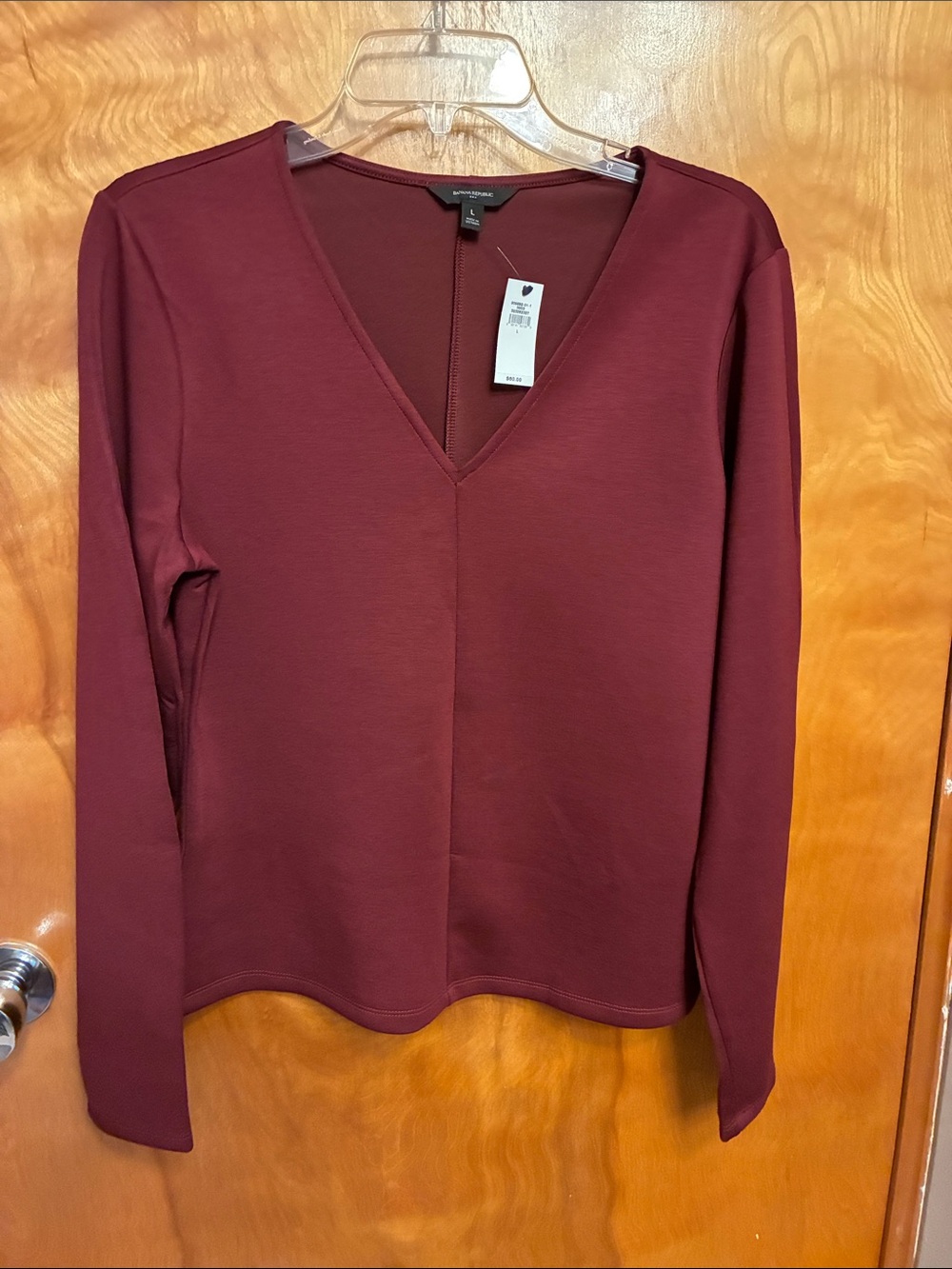 BANANA REPUBLIC.  Size Large. Scuba-soft fabric. Burgundy V-Neck Long Sleeve Top